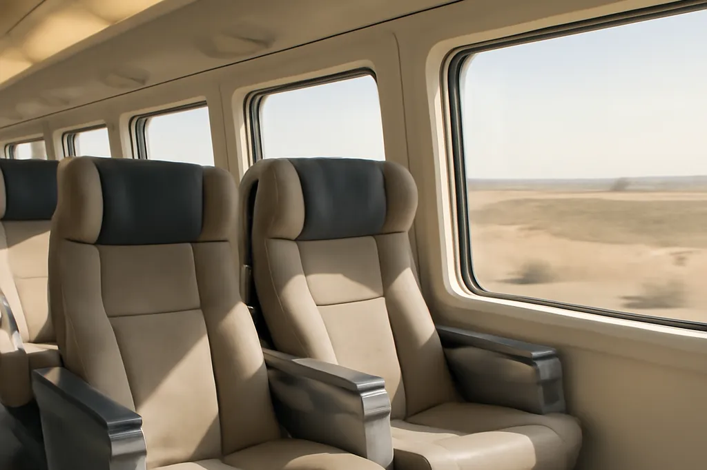 Intérieur climatisé d’un wagon de train à grande vitesse Afrosiyob en Ouzbékistan