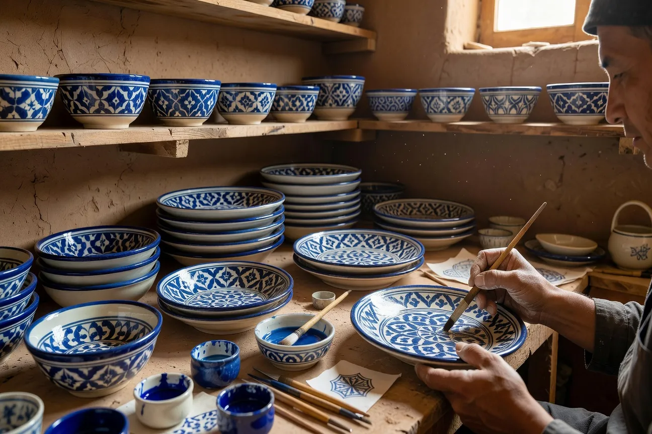 Céramiques bleues de Richtân dans l'atelier d'un potier
