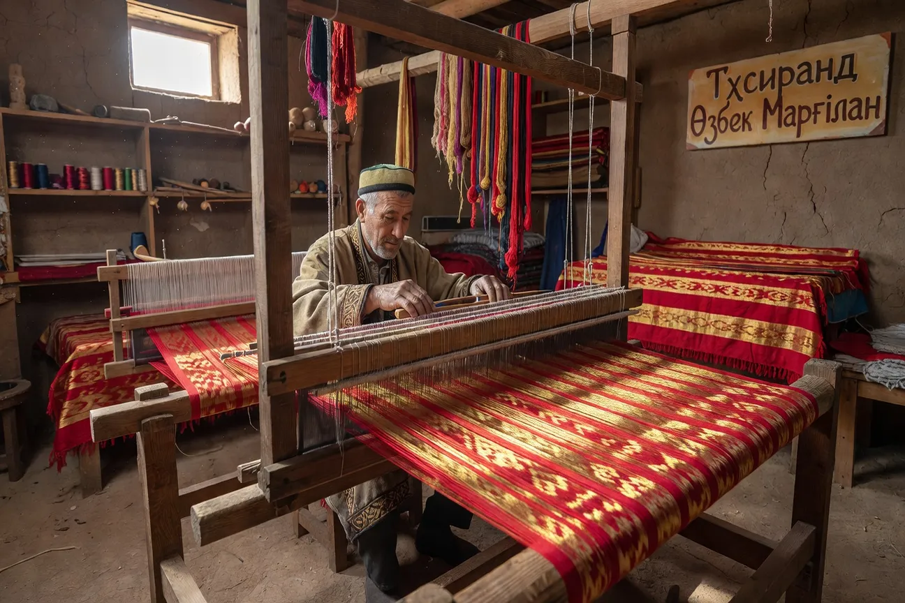 Tisserand de soie ikat à Marguilane sur son métier traditionnel