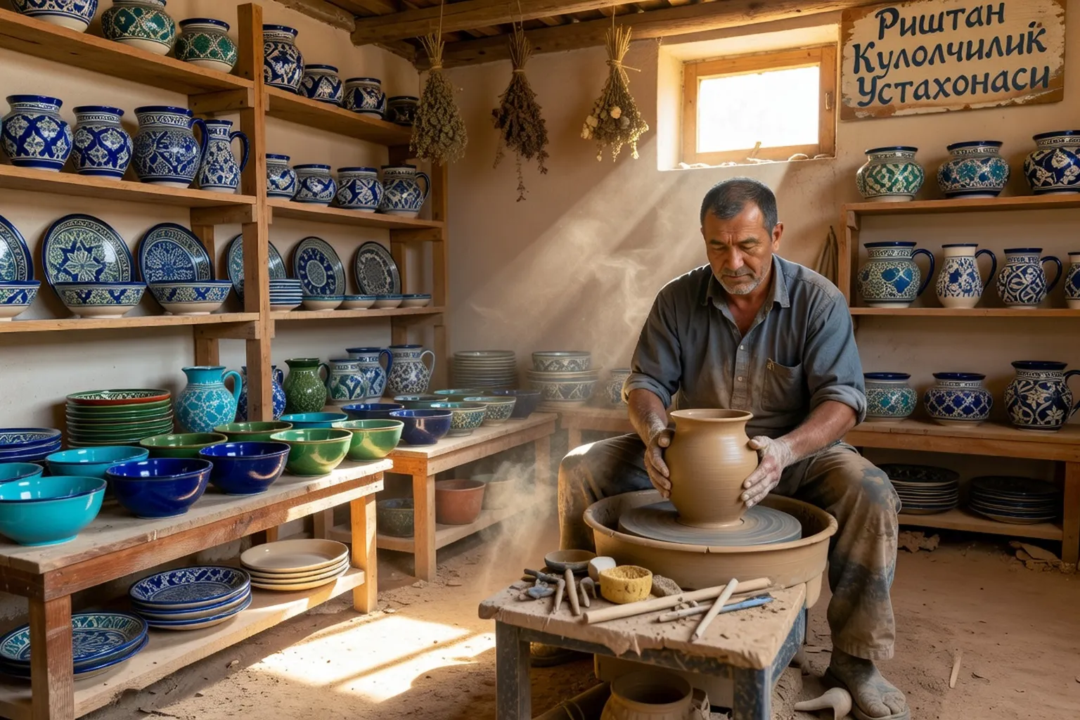 Stands de céramiques traditionnelles ouzbèkes aux motifs bleus sur blanc, potier au travail dans son atelier de Rishtan