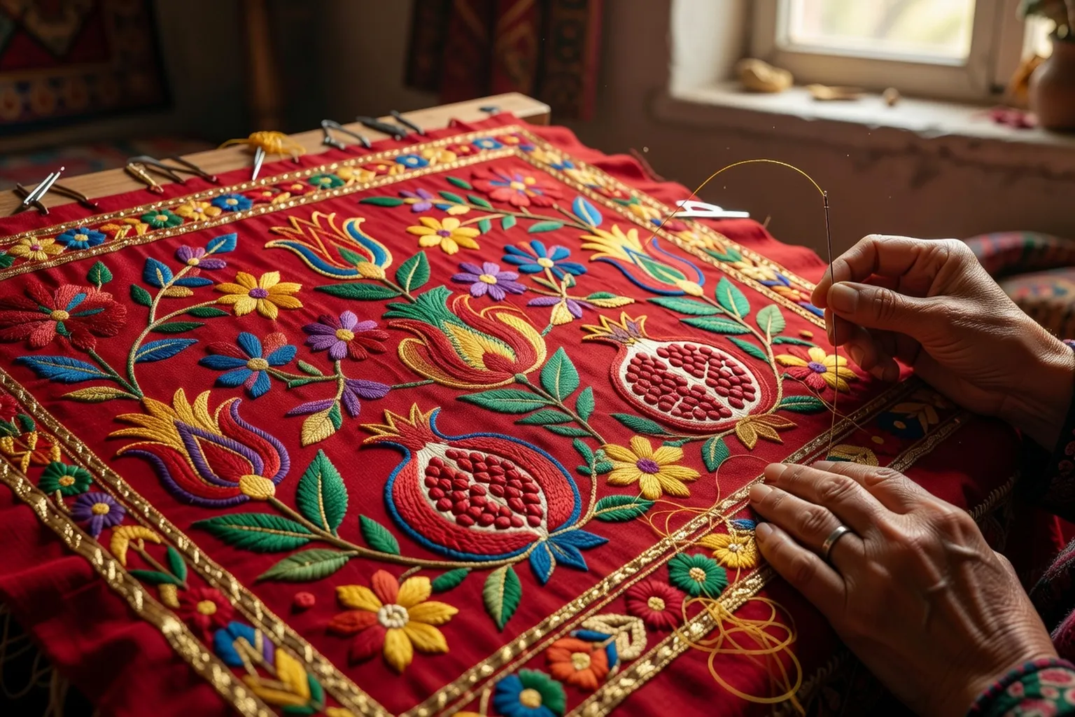 Broderie suzani ouzbèke en cours de réalisation, mains de brodeuse sur tissu rouge et doré