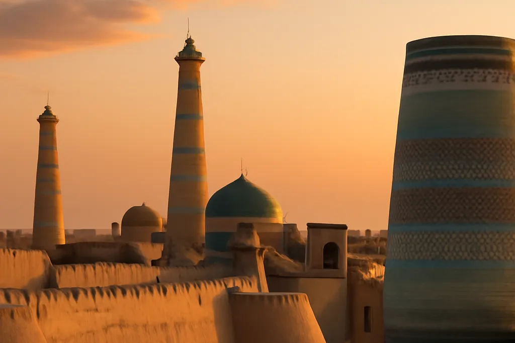 Remparts en terre et minarets d’Ichan Kala à Khiva