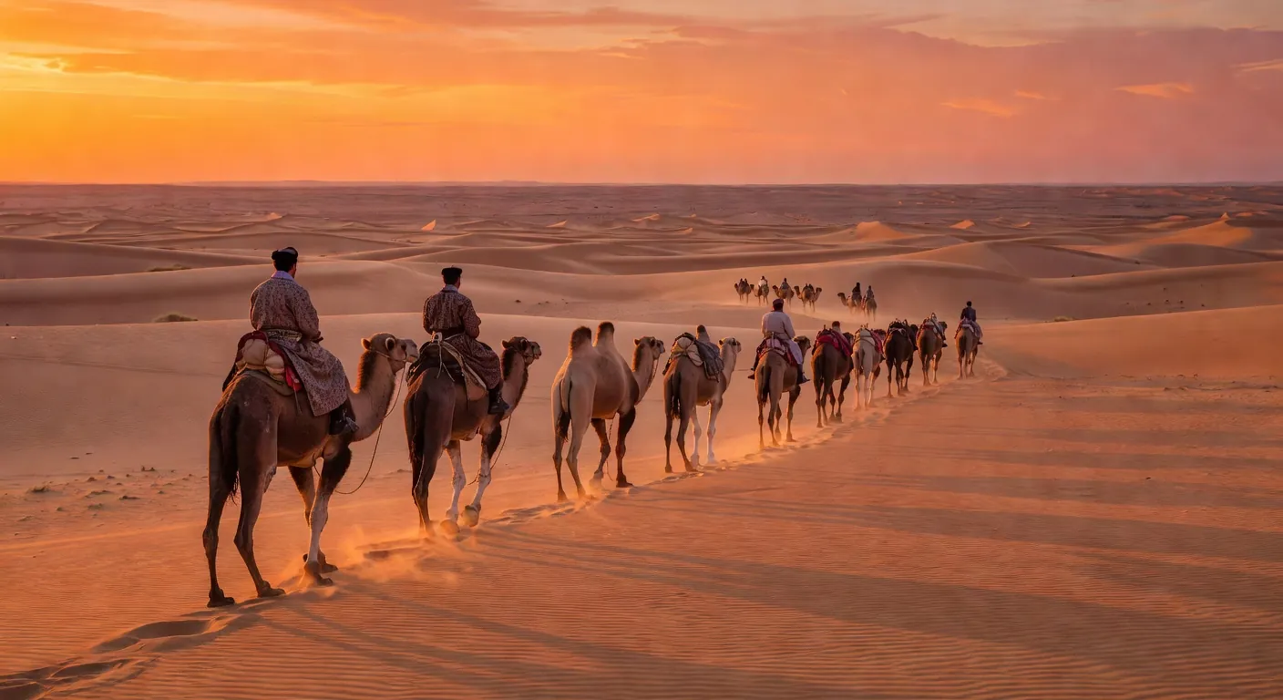Caravane de chameaux dans le désert Kyzylkoum au coucher du soleil