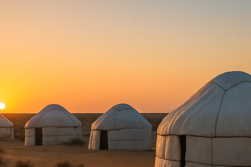 Yourtes blanches installées sur le sable dans le désert du Kyzylkoum au coucher du soleil