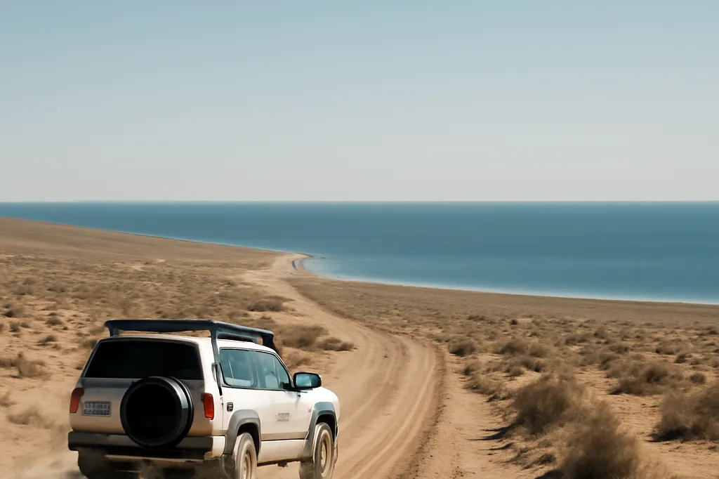 Véhicule tout-terrain sur une piste sèche menant vers la mer d’Aral dans le Karakalpakstan