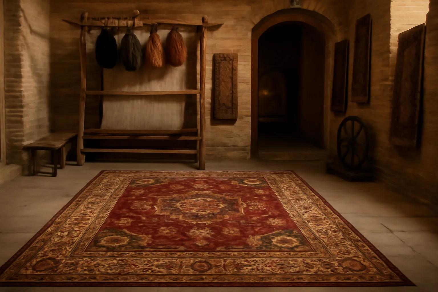 Tapis fait main exposé dans un atelier traditionnel à Boukhara