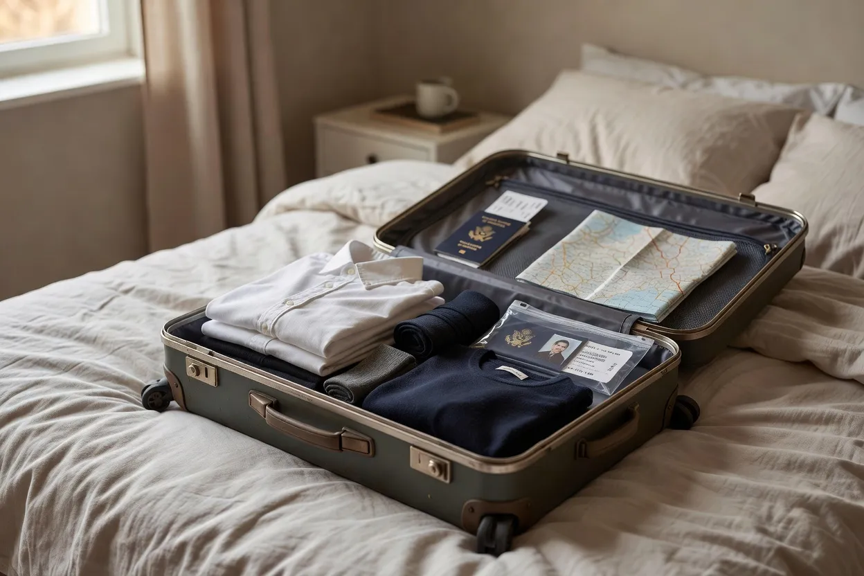 Valise ouverte avec vêtements pliés et documents de voyage organisés
