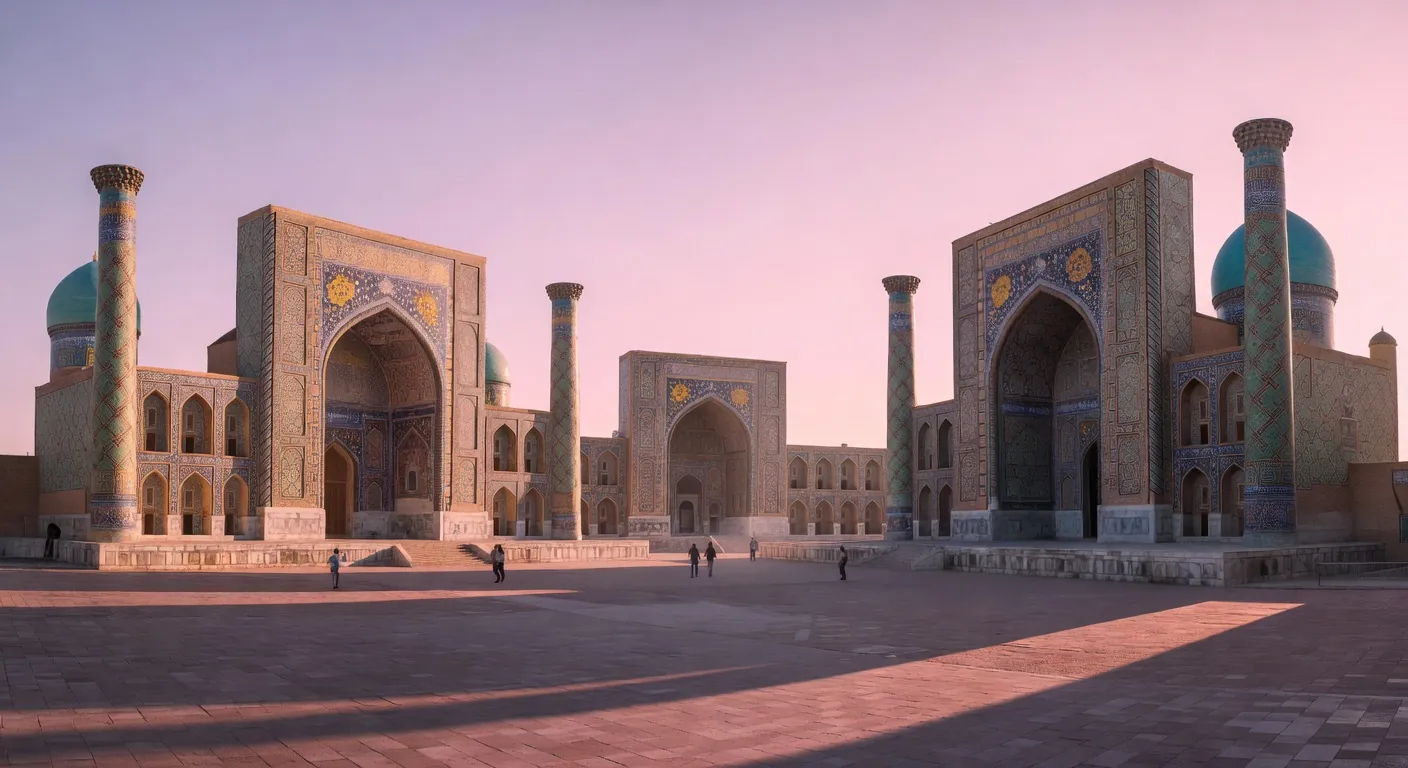 Touristes visitant le Régistan de Samarcande tôt le matin pour éviter la chaleur