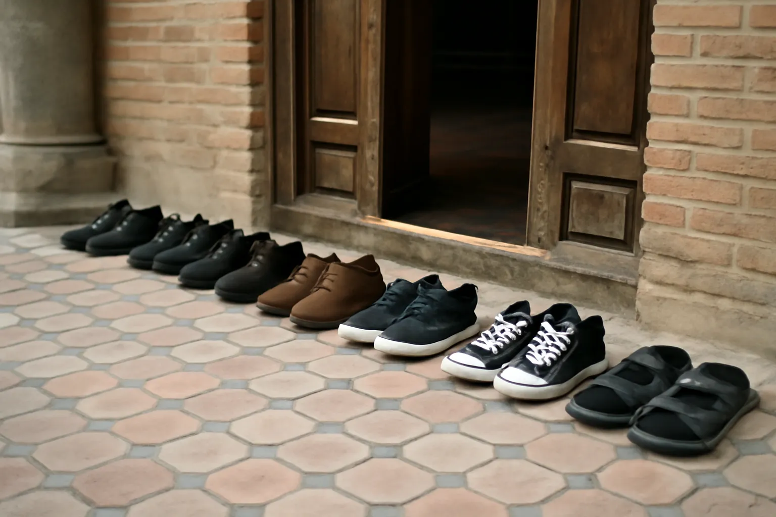 Chaussures alignées à l’entrée d’une mosquée traditionnelle, sol carrelé visible
