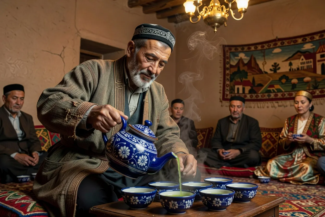 Hôte ouzbek versant du thé vert dans de petits bols piala lors d’une cérémonie traditionnelle