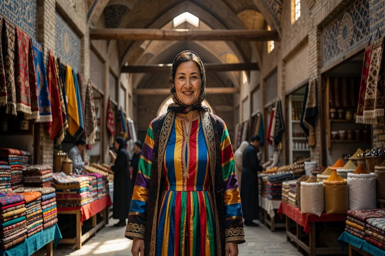 Femme ouzbèke en robe adras traditionnelle au marché de Samarcande
