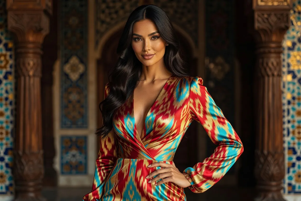 Jeune femme ouzbèke en robe de soie ikat khan-atlas devant des boiseries et céramiques traditionnelles