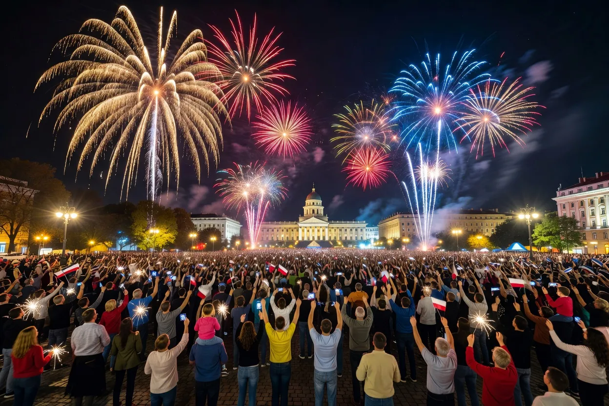 Feu d’artifice au-dessus d’une place publique en fête lors d’une célébration nationale