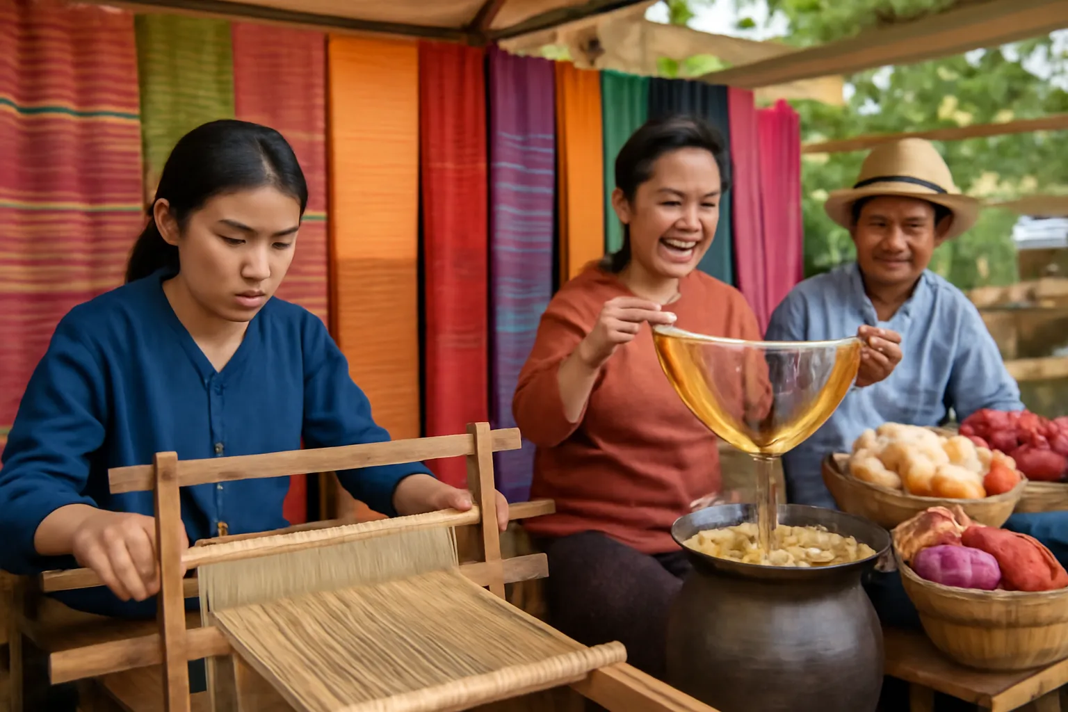 Artisans démontrant le tissage et la teinture de soie lors d’un festival artisanal en plein air