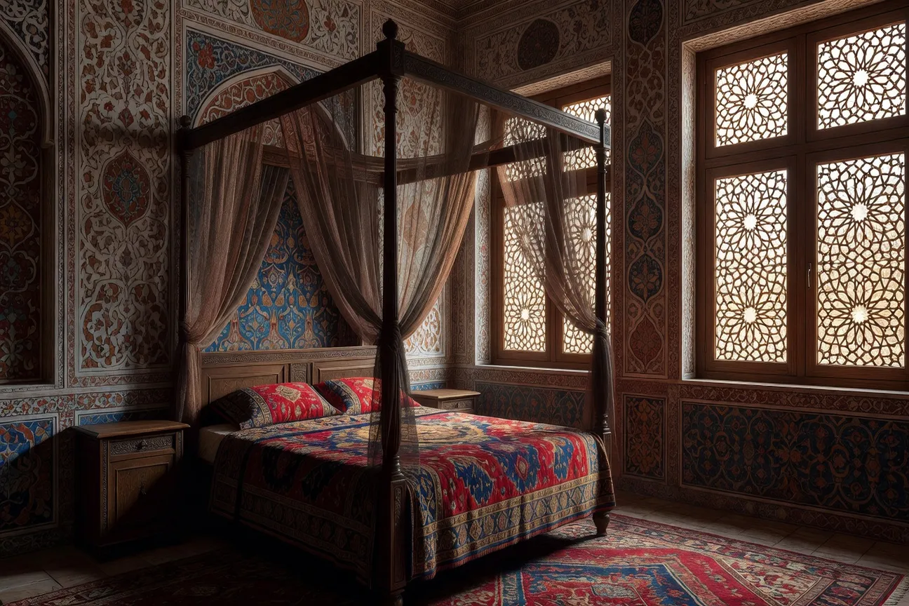 Chambre décorée d'une maison d'hôtes traditionnelle à Samarcande