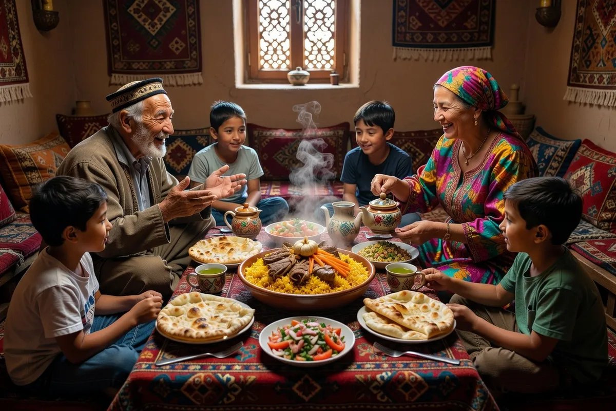 Atelier d'artisan tisserand ouzbek recevant des visiteurs dans son atelier de Boukhara