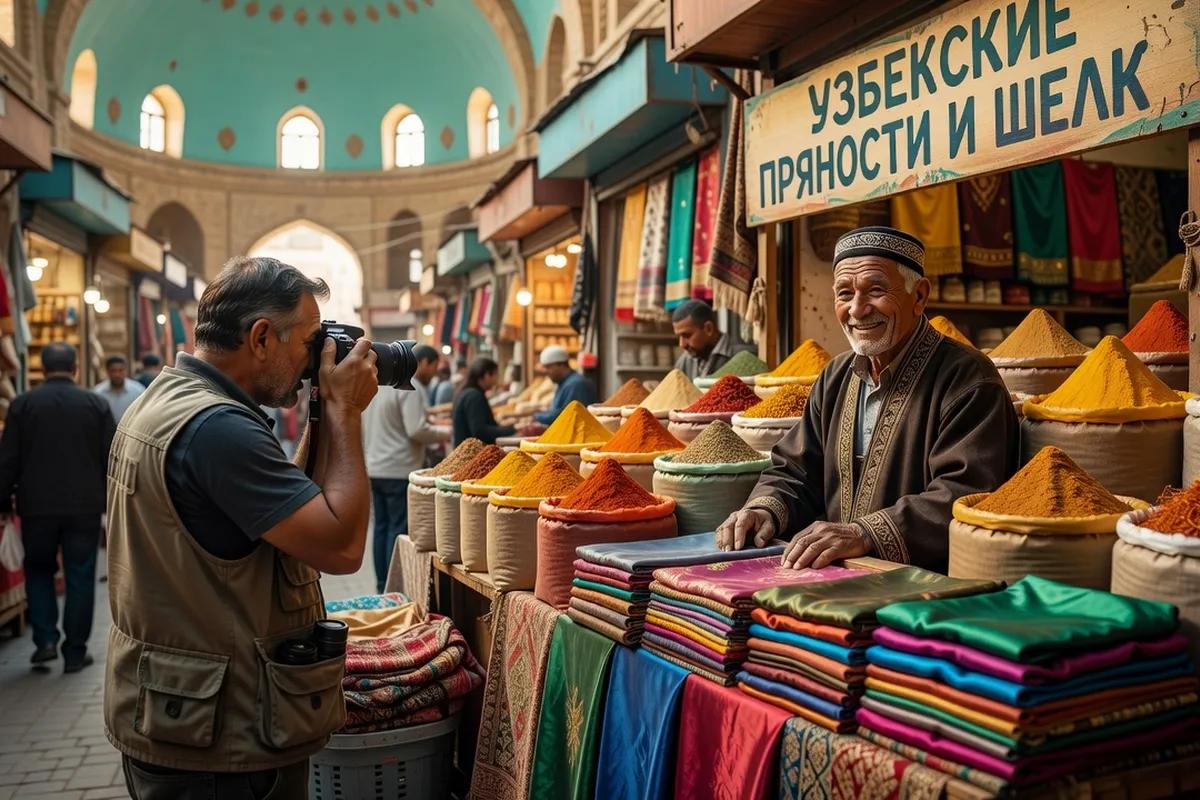 Photographe accroupi au niveau du sol dans un bazar ouzbek, lumière dorée filtrant entre les étals de soieries