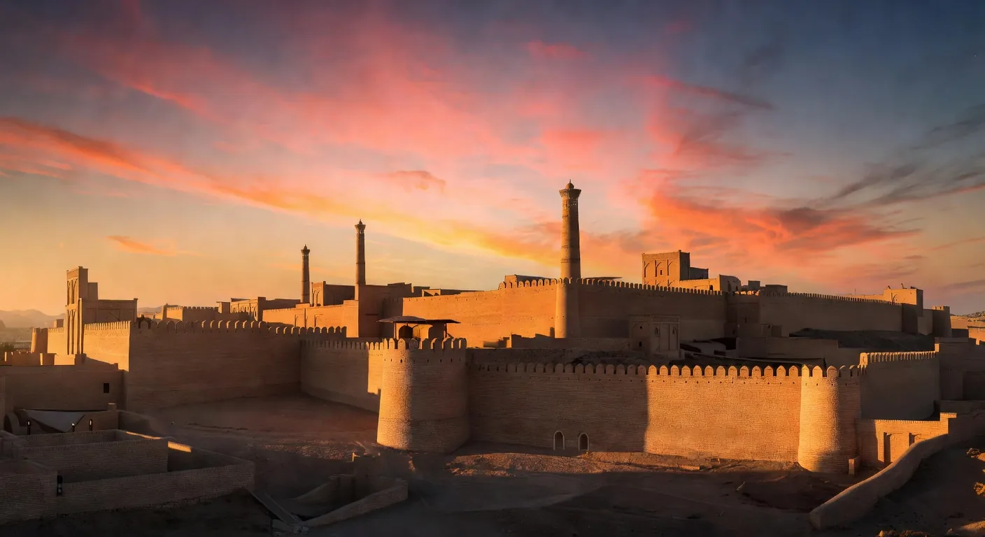 Coucher de soleil sur la ville fortifiée de Khiva en Ouzbékistan