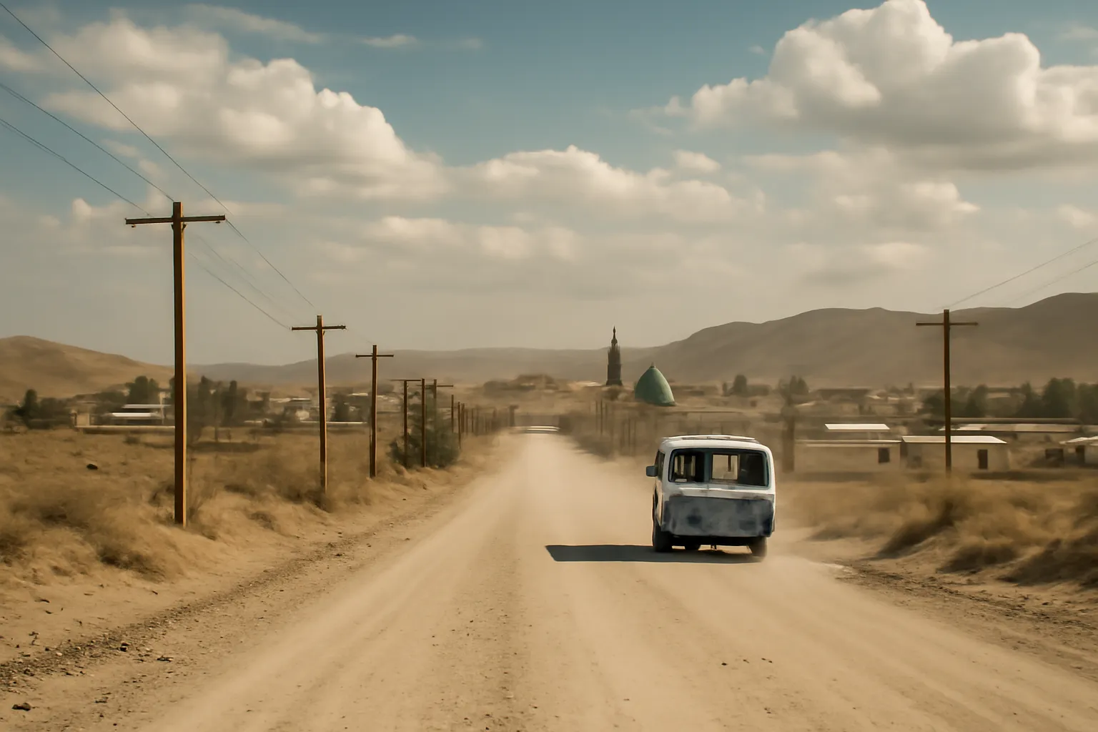 Route désertique menant vers Noukous au Karakalpakstan, minibus au loin