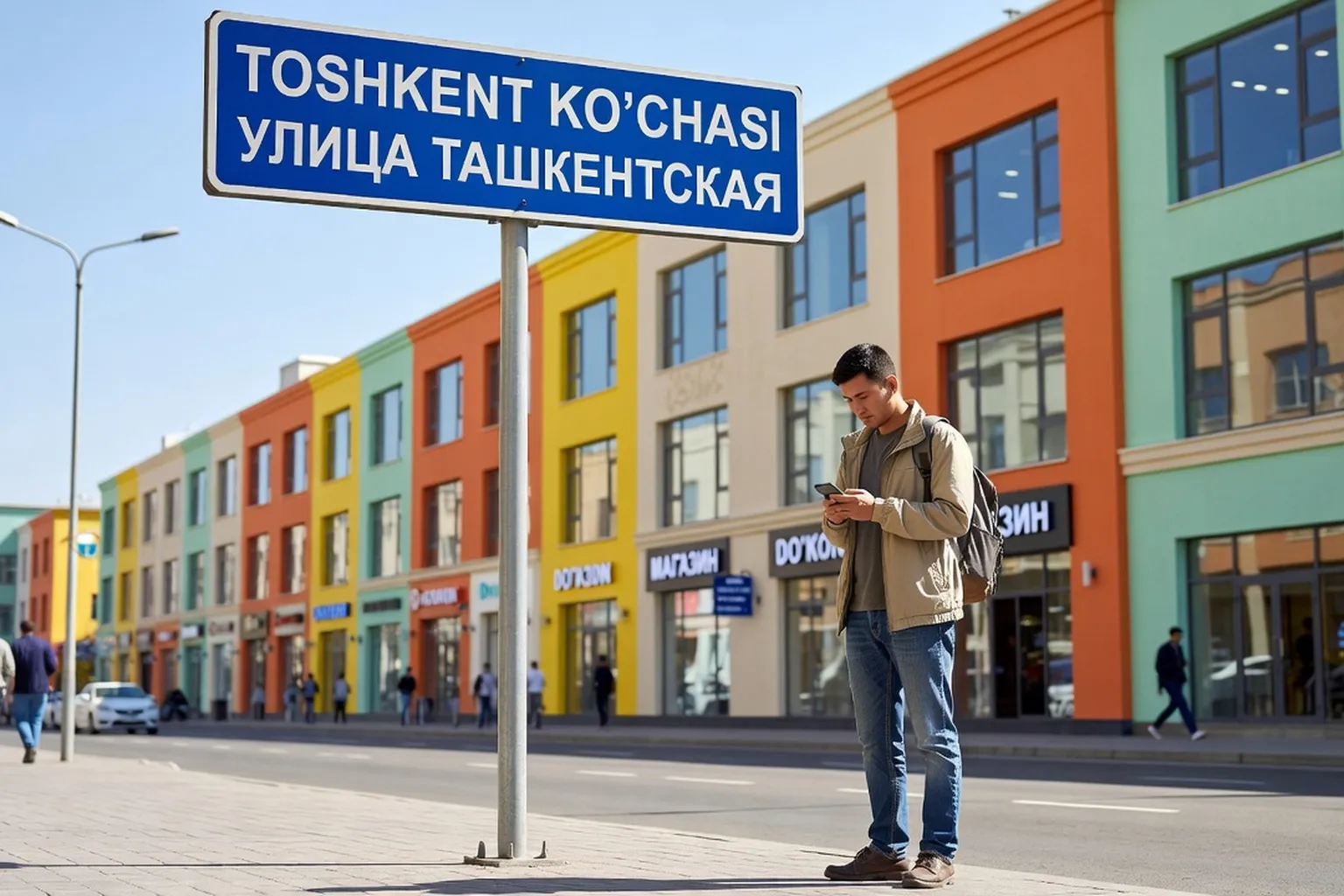 Panneau de signalisation bilingue ouzbek latin et cyrillique dans une rue de Tachkent, voyageur consultant son téléphone