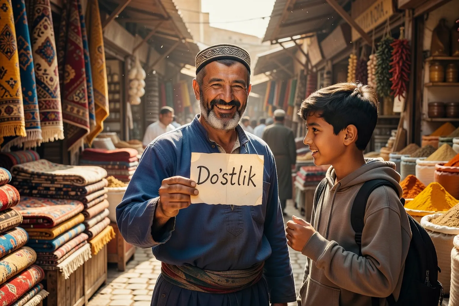 Marchand ouzbek souriant tenant un bout de papier avec un mot écrit, interaction culturelle sympathique au marché