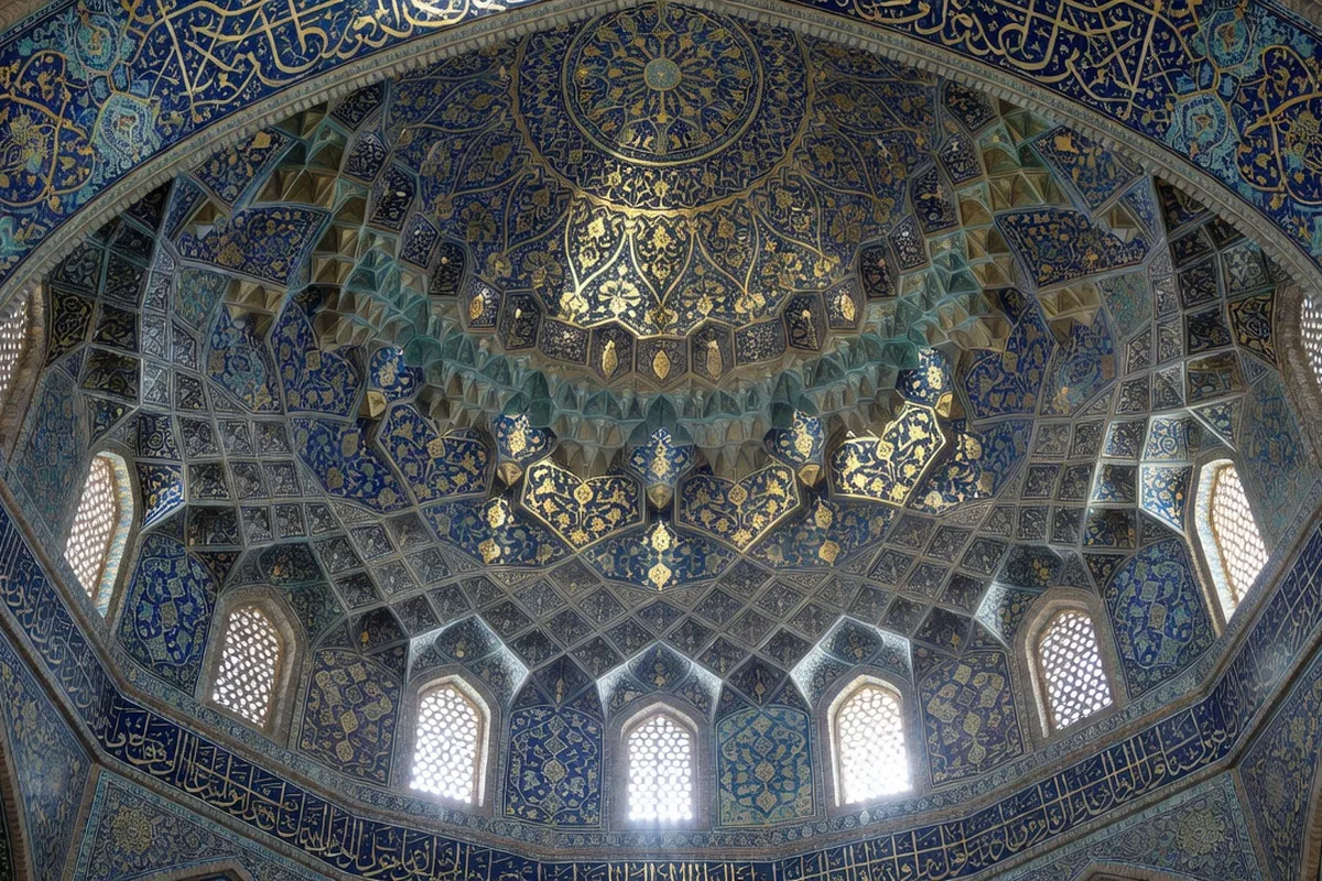 Détail des azulejos sur la façade de la madrasa Cher-Dor au Registan de Samarcande