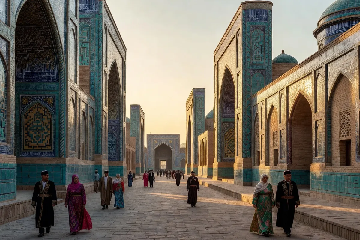 Calligraphie islamique et motifs géométriques en azulejos sur la façade d'une medrasa ouzbèke