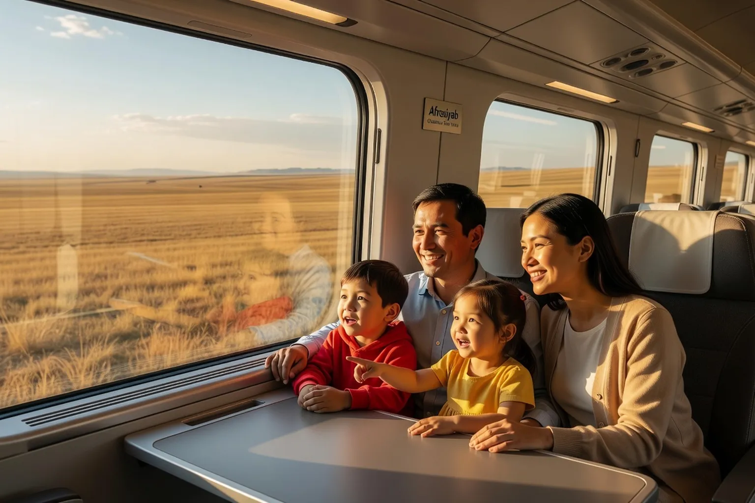 Enfants et parents dans le train Afrosiyab moderne, paysage steppique par la fenêtre