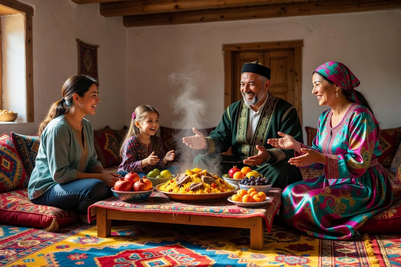 Famille dans une maison d'hôtes ouzbèke traditionnelle avec tapis colorés et table dressée avec plov