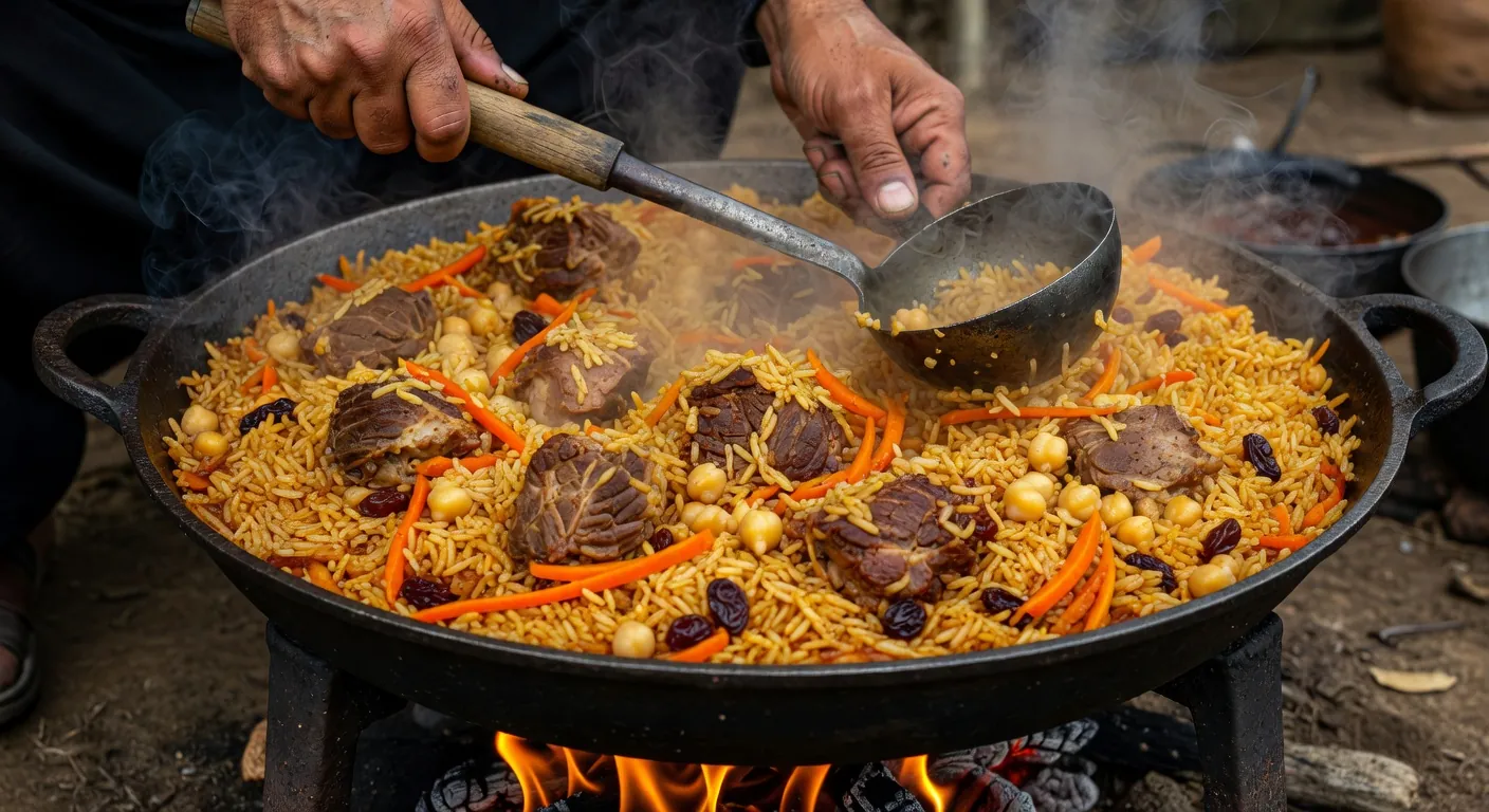 Plov ouzbek traditionnel cuit dans un grand kazan en fonte