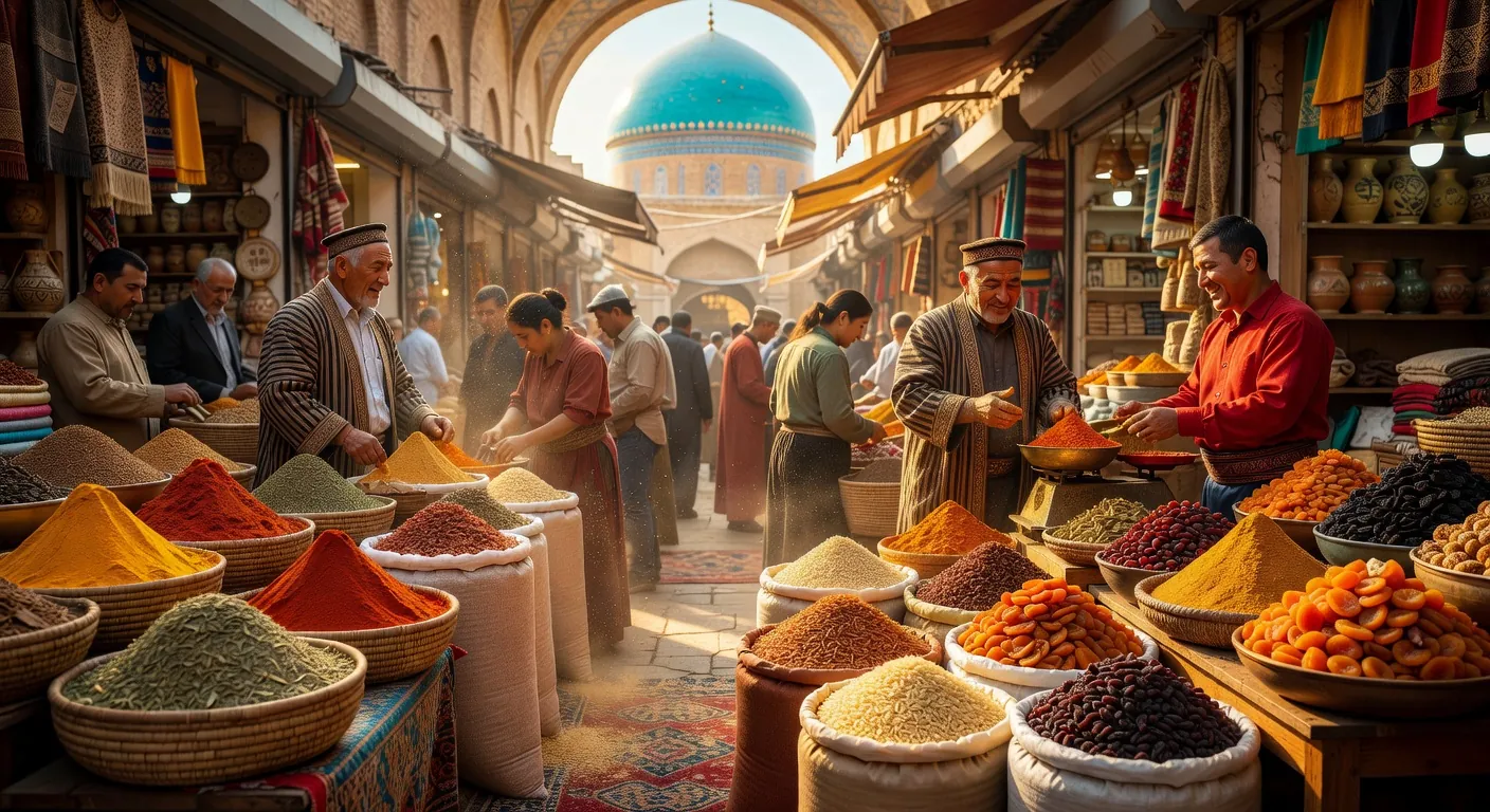 Bazar Chorsu de Tachkent, étals d'épices et de riz devzira