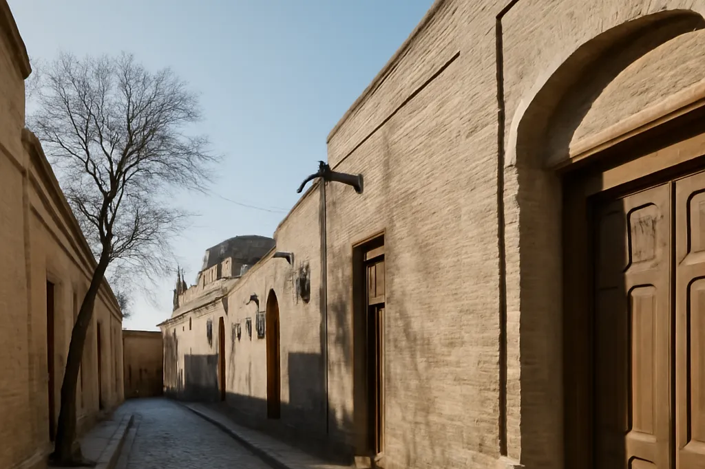 Rue pavée de Boukhara sous un ciel d’hiver dégagé, façades de briques ocre