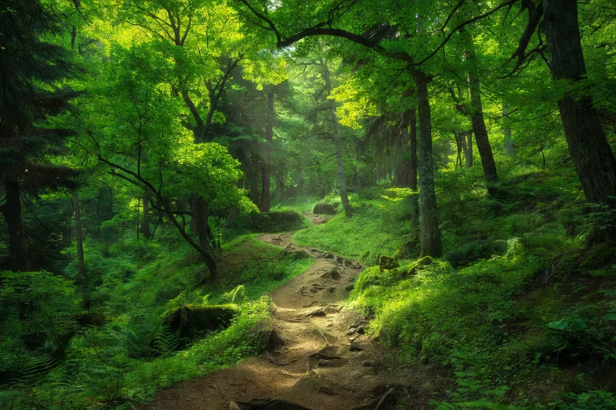 Sentier de randonnée en forêt montagne dans la réserve Ugam-Chatkal, végétation luxuriante et lumière verte filtrée