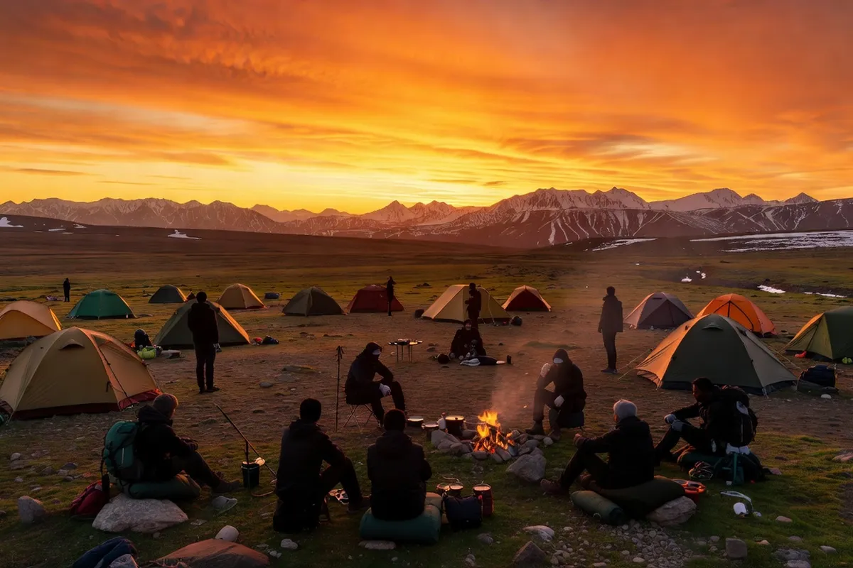 Bivouac en tente sur un plateau montagneux du Tian Shan, coucher de soleil orangé et silhouettes de randonneurs