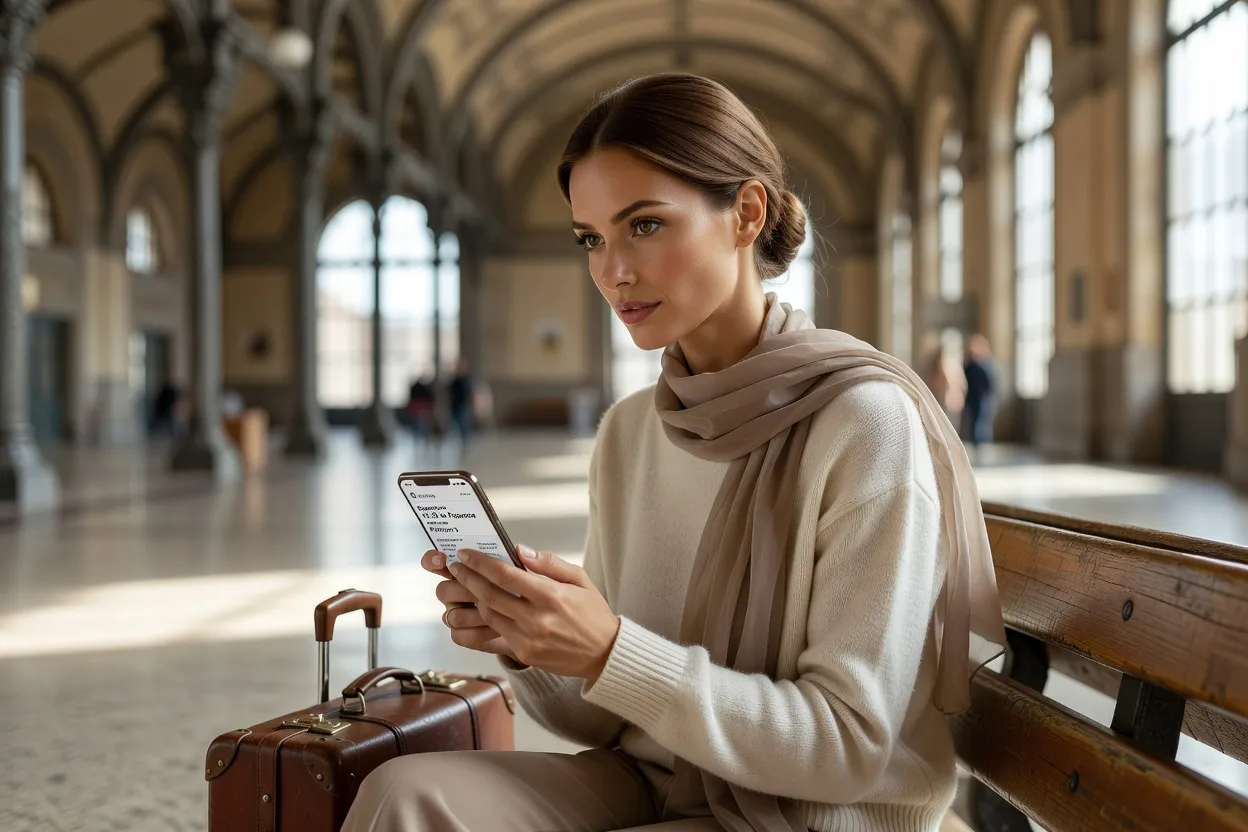 Voyageuse élégante consultant son billet électronique sur son téléphone dans un hall de gare