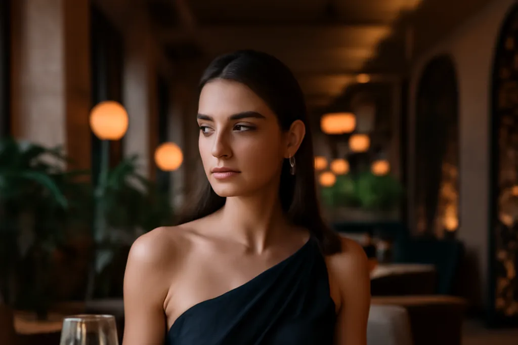Femme élégante dînant dans un restaurant fusion moderne de Tachkent en soirée