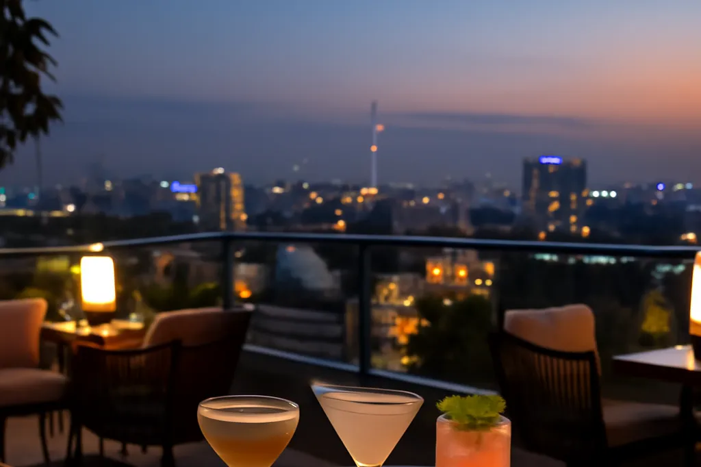 Rooftop bar élégant à Tachkent avec cocktails et vue panoramique sur la ville au coucher du soleil