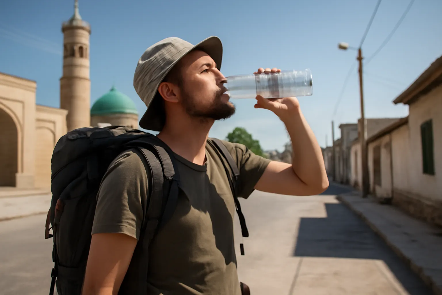 Voyageur buvant de l’eau en bouteille dans une rue animée d’une ville d’Asie centrale