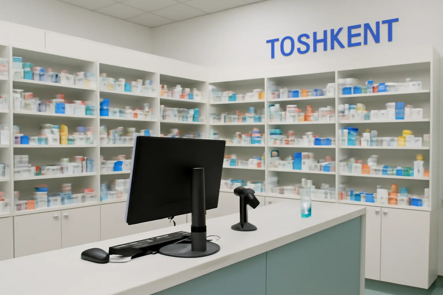 Intérieur d’une pharmacie moderne à Tachkent avec rayonnages de médicaments