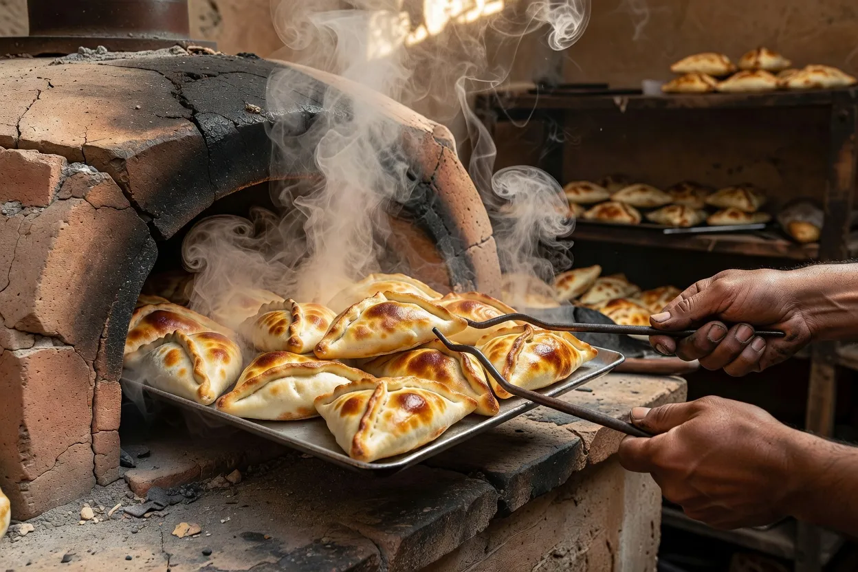 Samsas fraîchement sorties d’un four tandoor traditionnel, vapeur visible