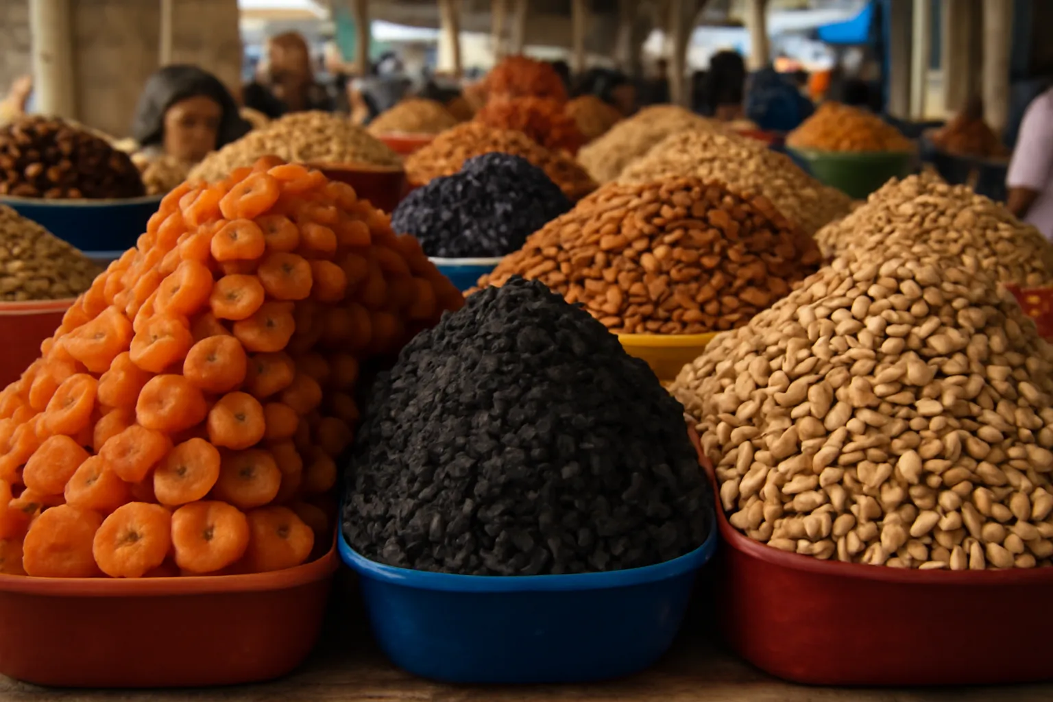 Étal de marché débordant d’abricots secs, raisins secs, amandes et pistaches en monticules colorés