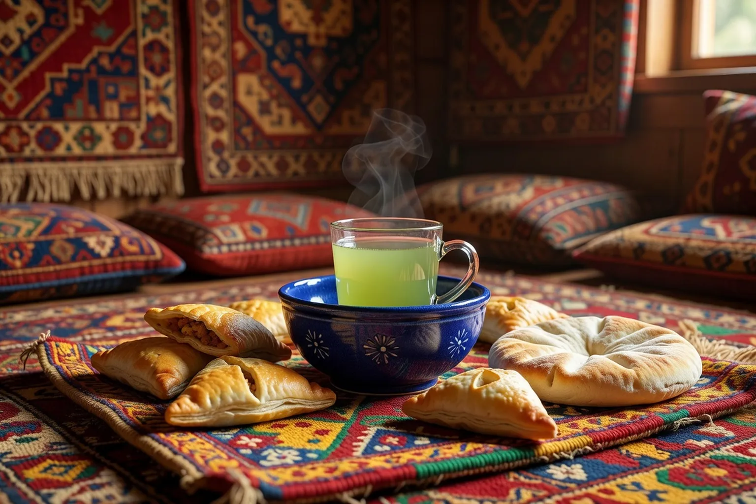 Tasse de thé vert ouzbek sur une natte colorée, samsa et lepyoshka autour, atmosphère conviviale