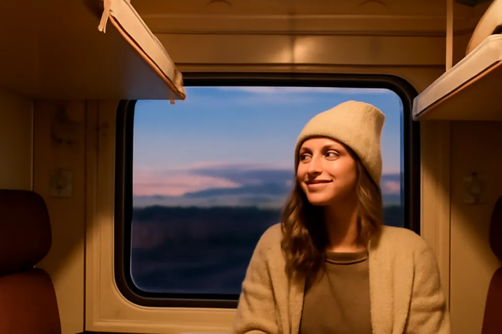 Voyageuse installée dans un compartiment de train de nuit en Ouzbékistan au crépuscule