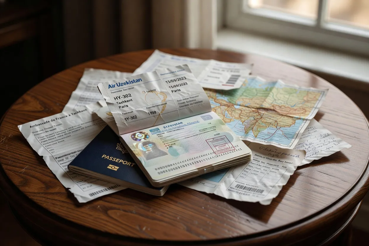Reçu d'enregistrement hôtelier et passeport posés sur une table en Ouzbékistan