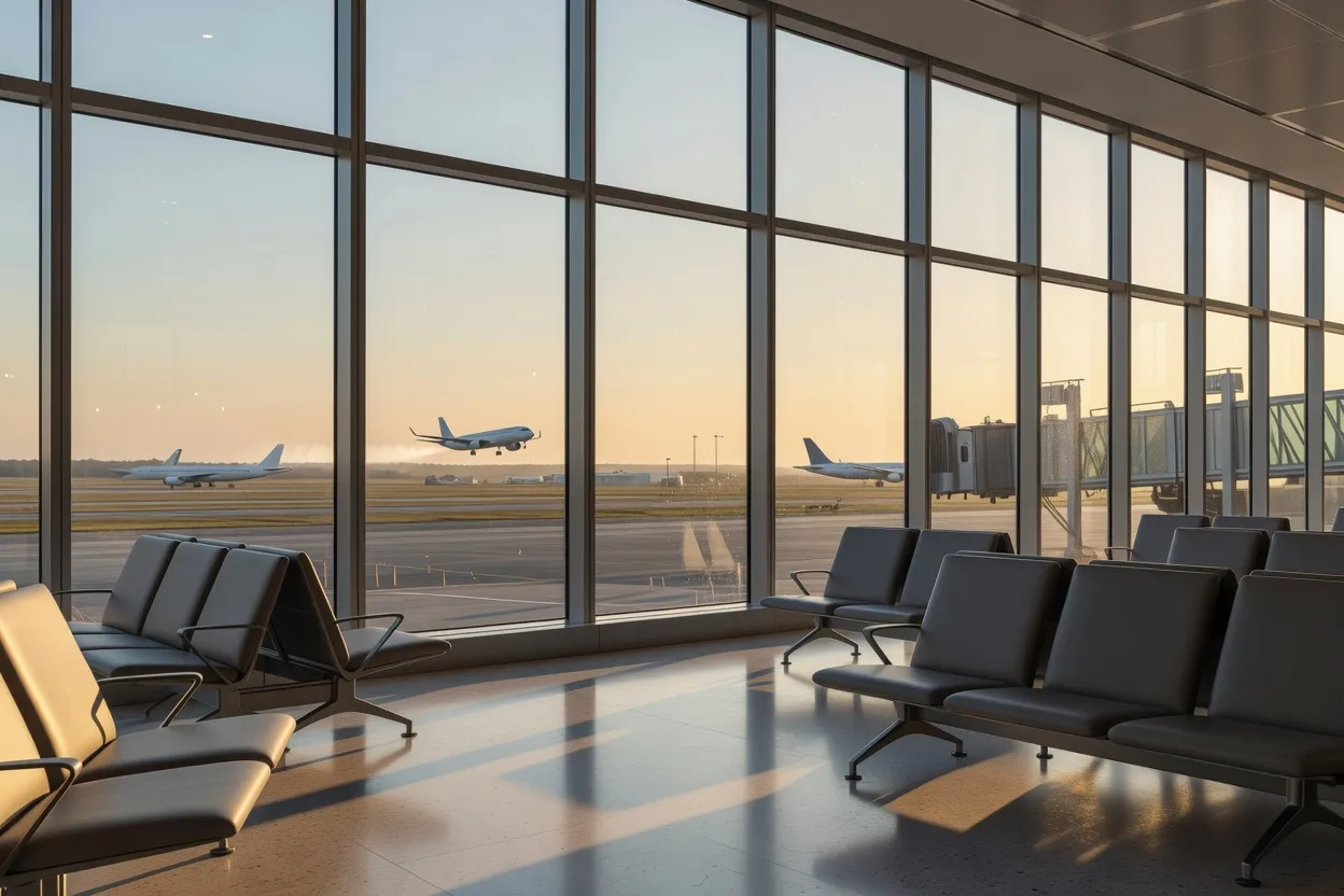 Salle d’embarquement d’un aéroport avec vue sur les avions au décollage