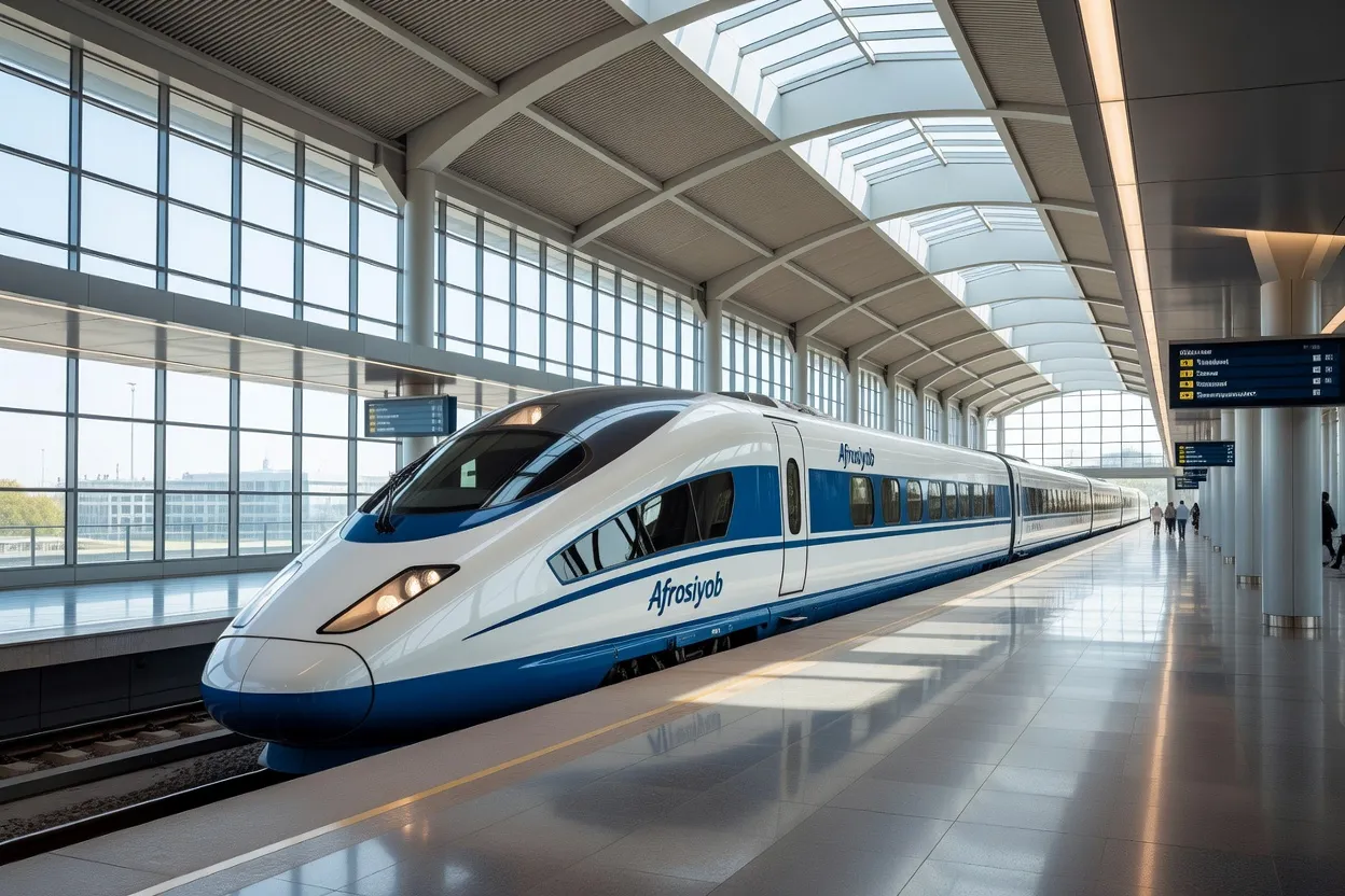 Train Afrosiyob à quai dans une gare ouzbèke moderne