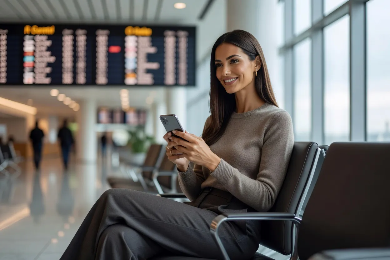 Voyageuse patientant dans une salle d’embarquement avec panneau d’affichage des vols