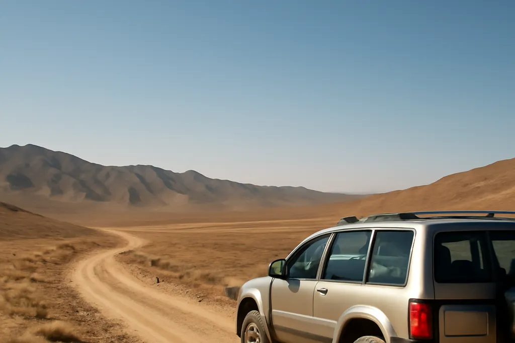 Véhicule avec chauffeur sur une piste menant vers une région désertique d’Ouzbékistan