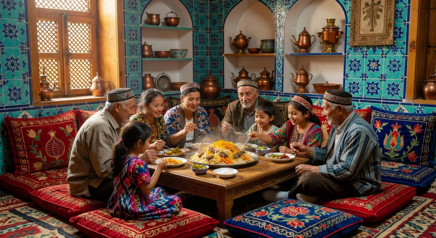 Restaurant traditionnel ouzbek — chaikhana avec plov et service cuivré