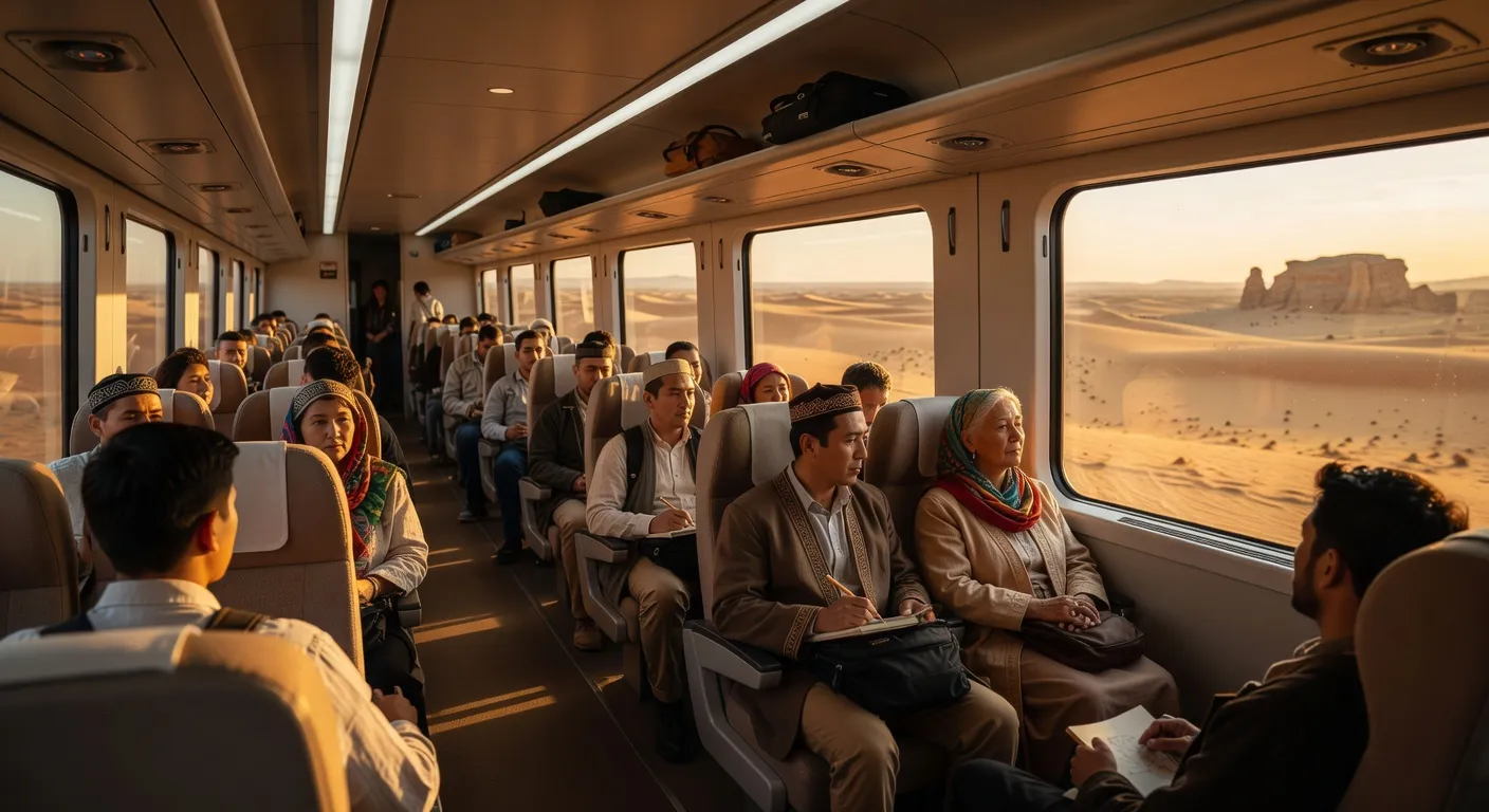 Intérieur du train Afrosiyob traversant les paysages ouzbeks